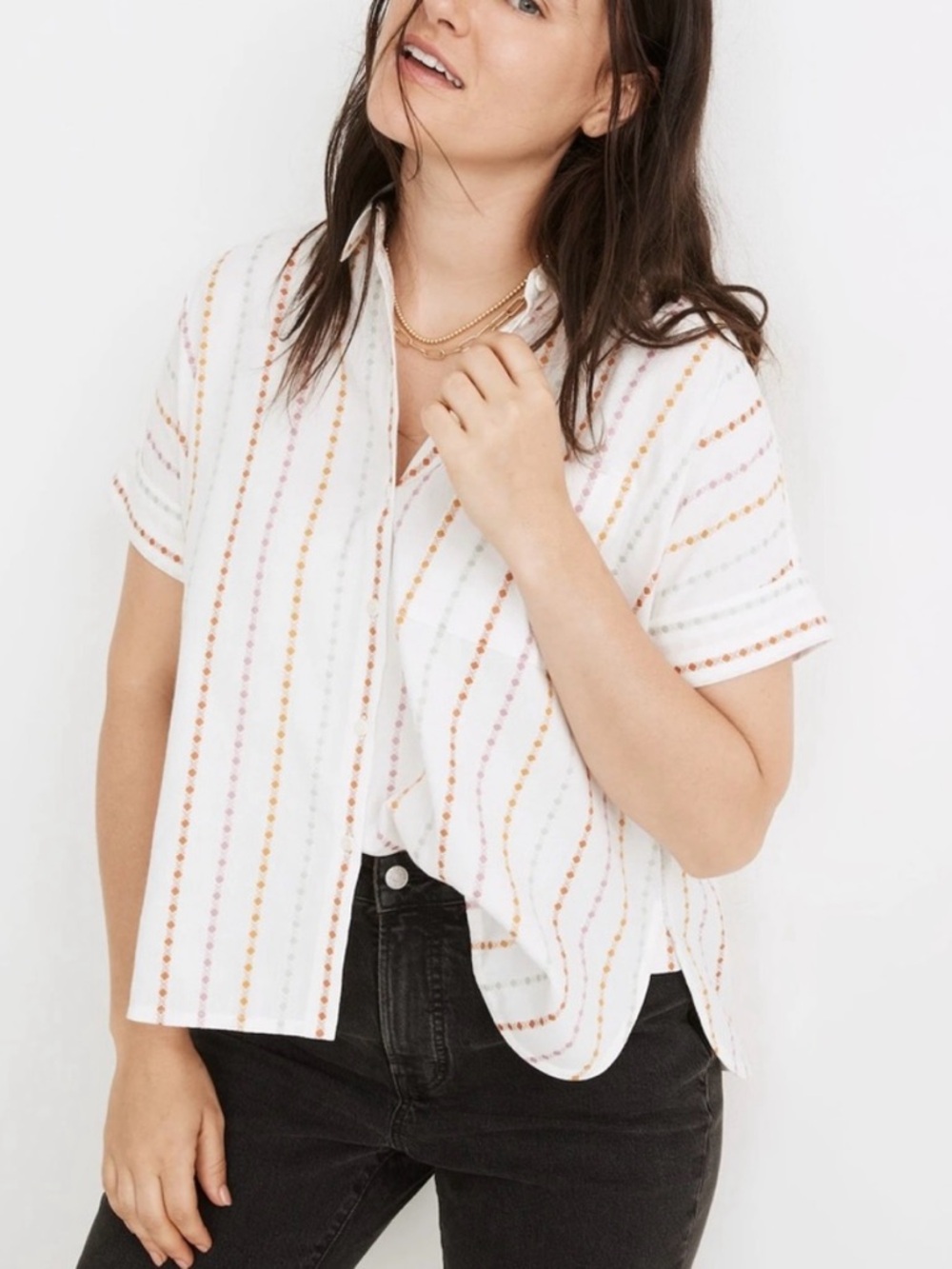 Madewell White Short-Sleeve Button-Down Shirt with Multi-Color Stripes